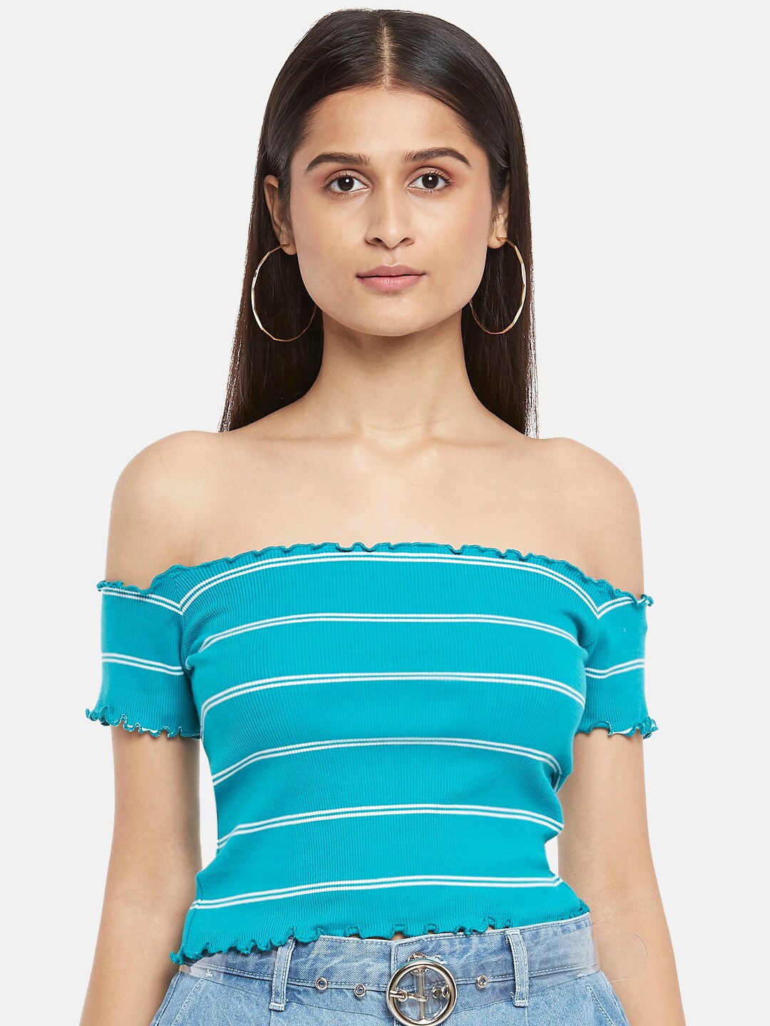 

People Blue Striped Off-Shoulder Bardot Crop Top