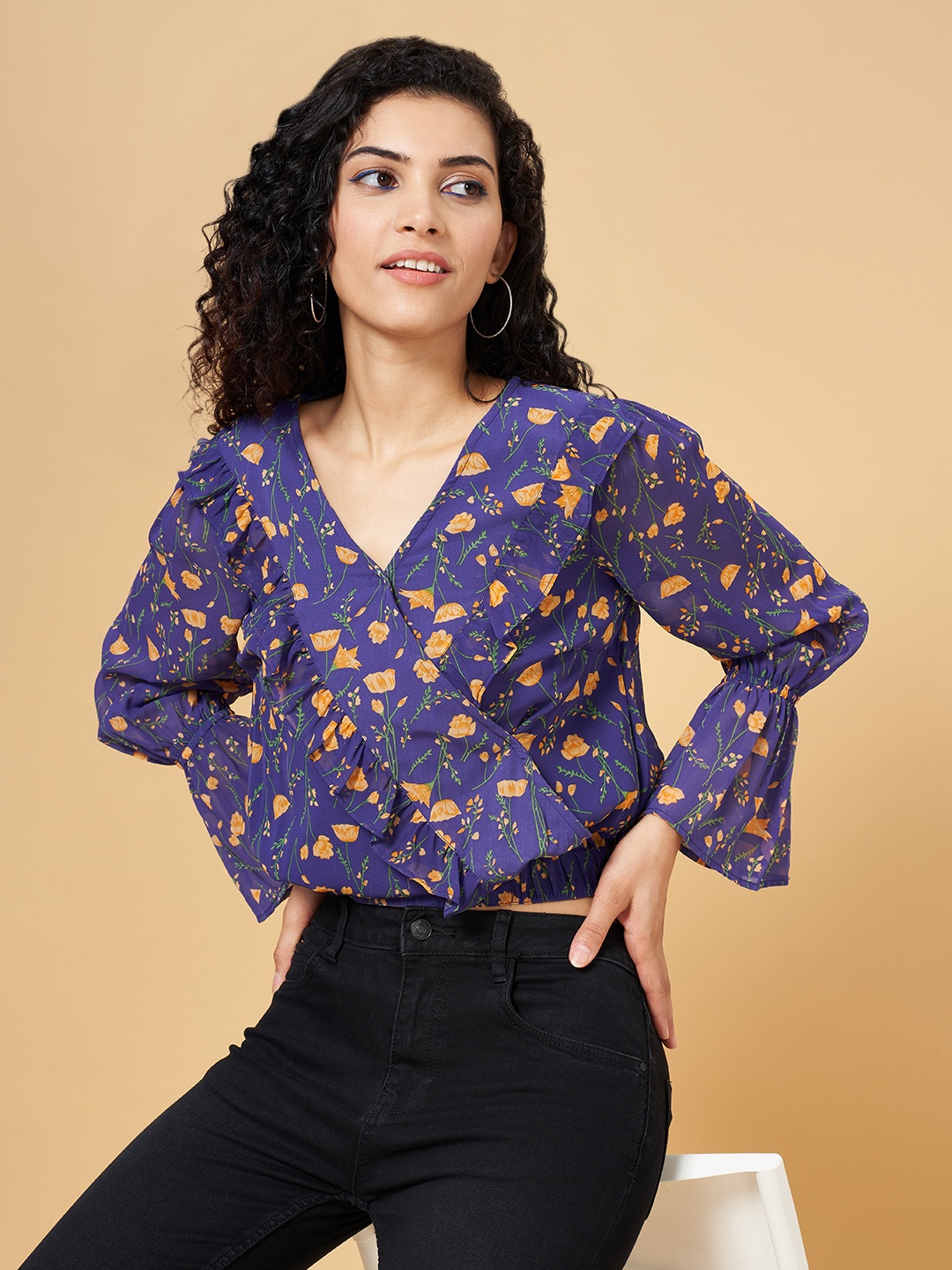

People Navy Blue & Yellow Floral Regular Top