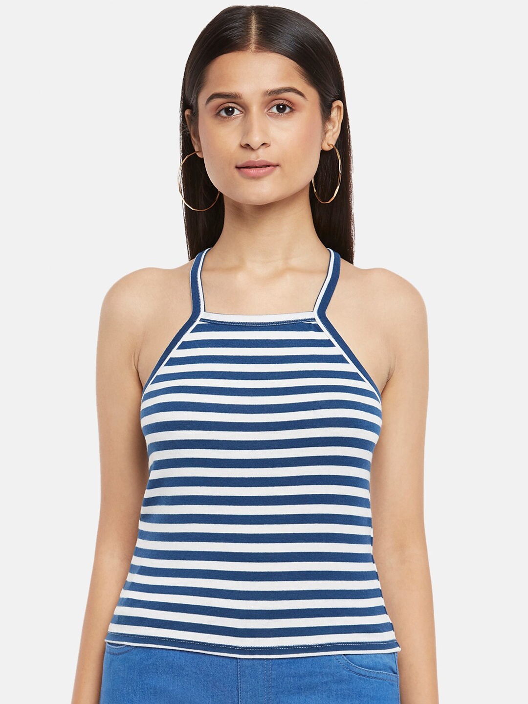 

People Blue & Off White Striped Halter Neck Fitted Top
