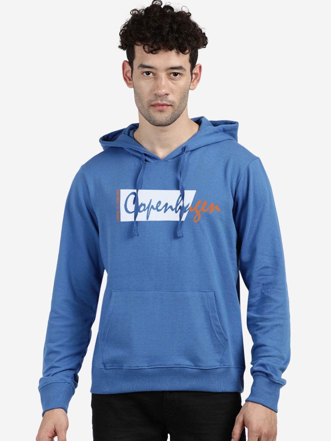 

MASH UNLIMITED Men Blue Cotton Printed Hooded Sweatshirt