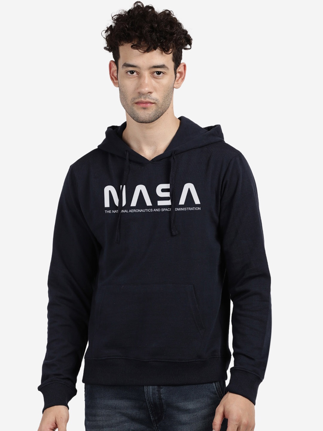 

MASH UNLIMITED Men Navy Blue Printed Hooded Sweatshirt