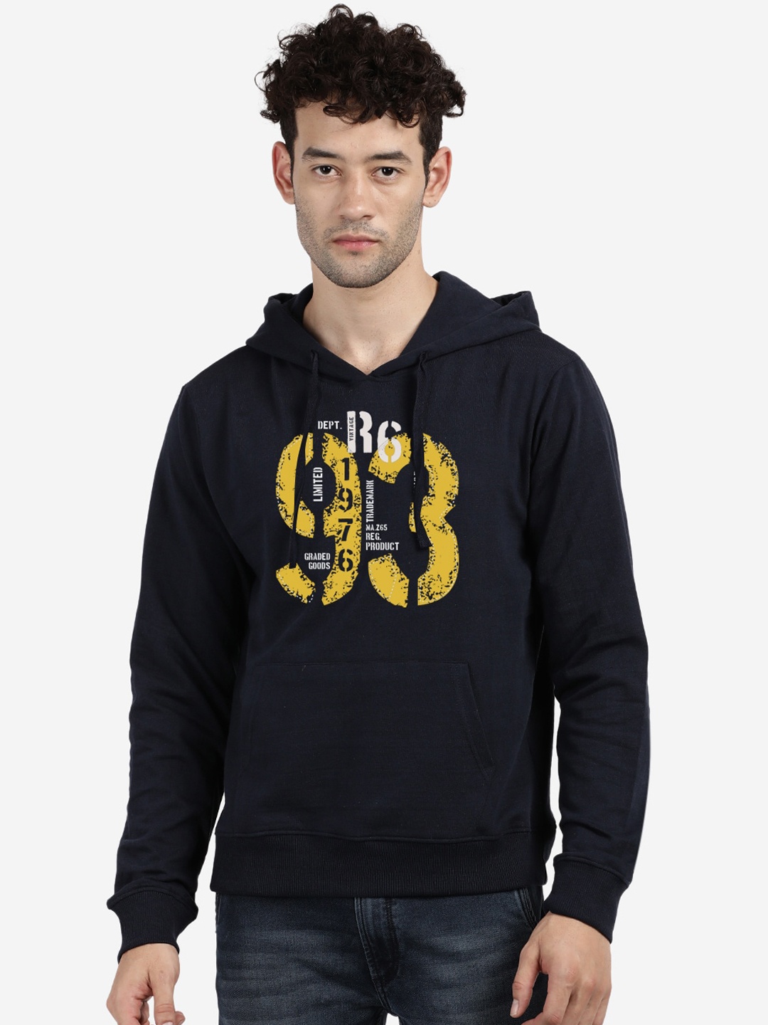 

MASH UNLIMITED Men Navy Blue Printed Hooded Sweatshirt