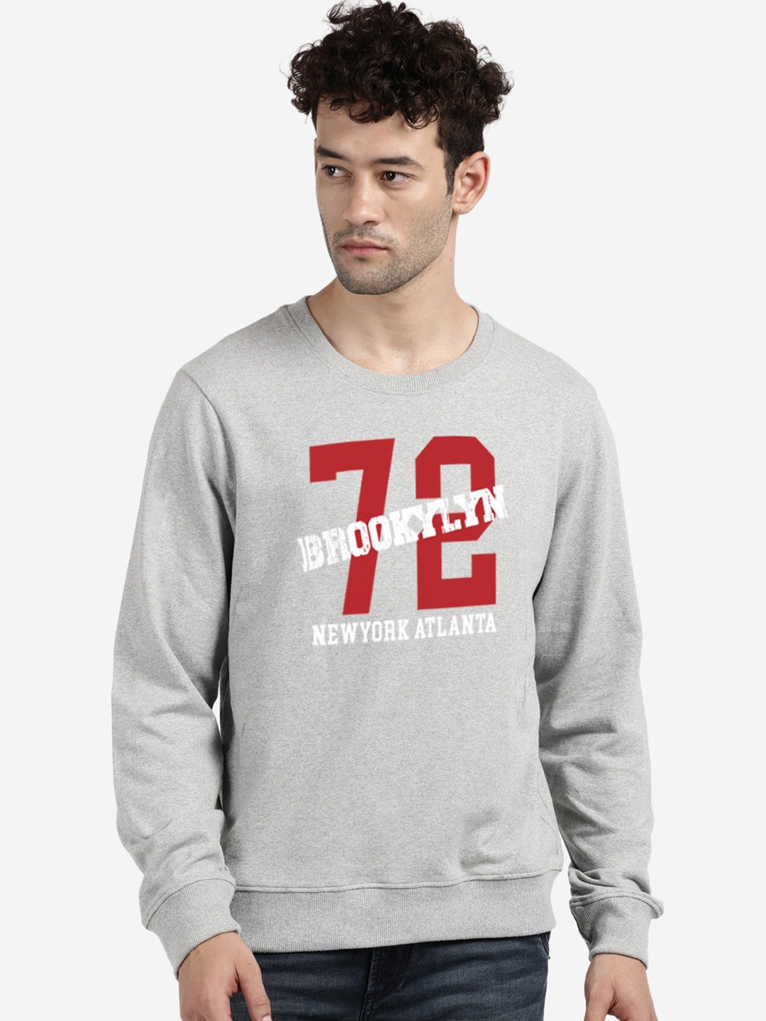 

MASH UNLIMITED Men Grey & Red Printed Pullover Sweatshirt