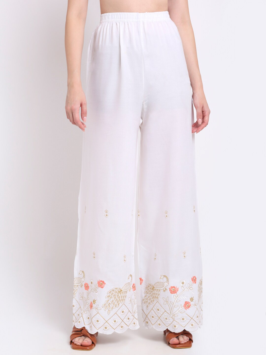 

TAG 7 Women White & Gold-Toned Ethnic Motifs Embroidered Palazzos