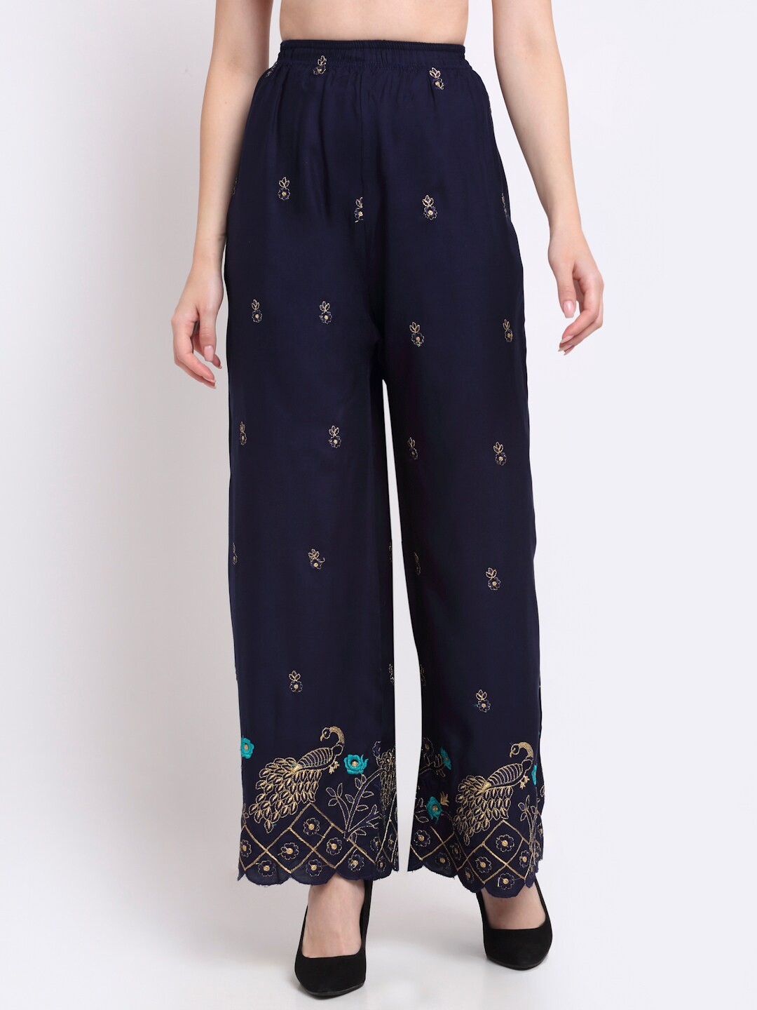 

TAG 7 Women Navy Blue & Gold-Toned Ethnic Motifs Embroidered Ethnic Palazzos