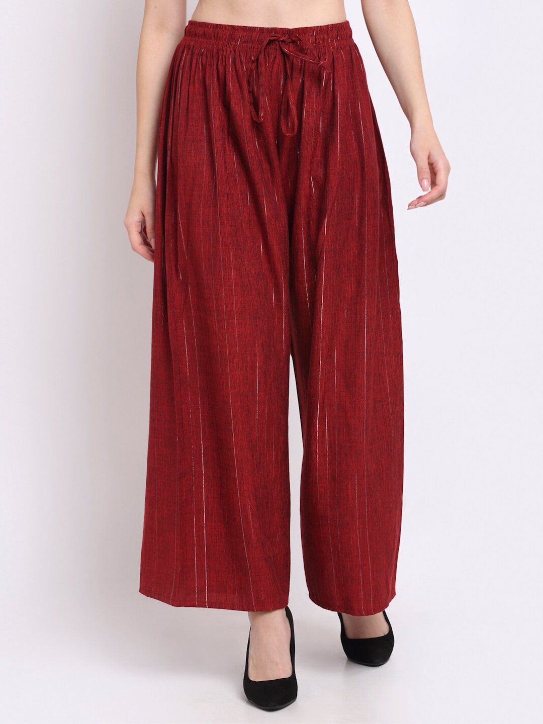 

TAG 7 Women Maroon & Gold-Toned Striped Palazzos