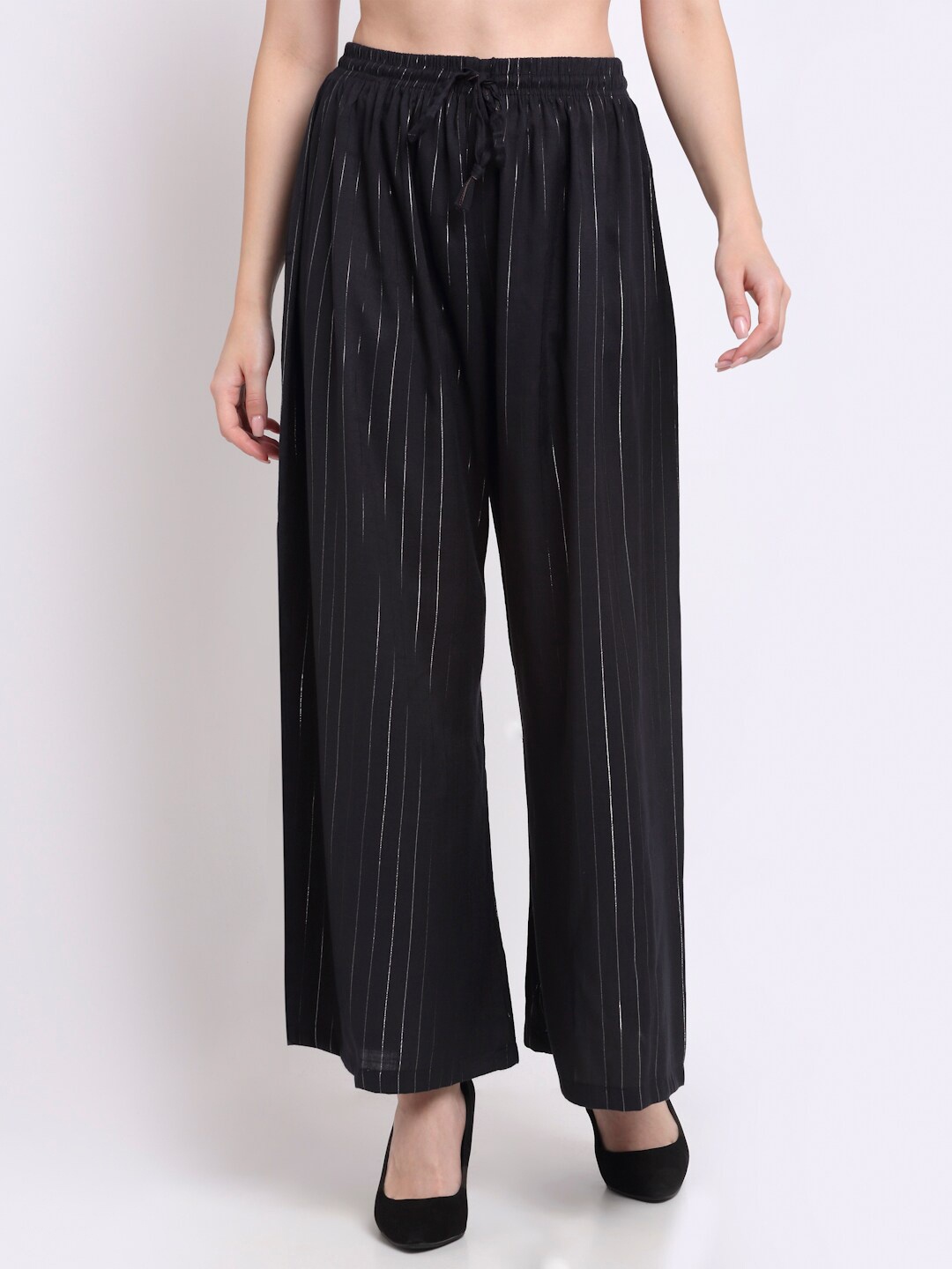 

TAG 7 Women Black & Silver-Coloured Striped Palazzos