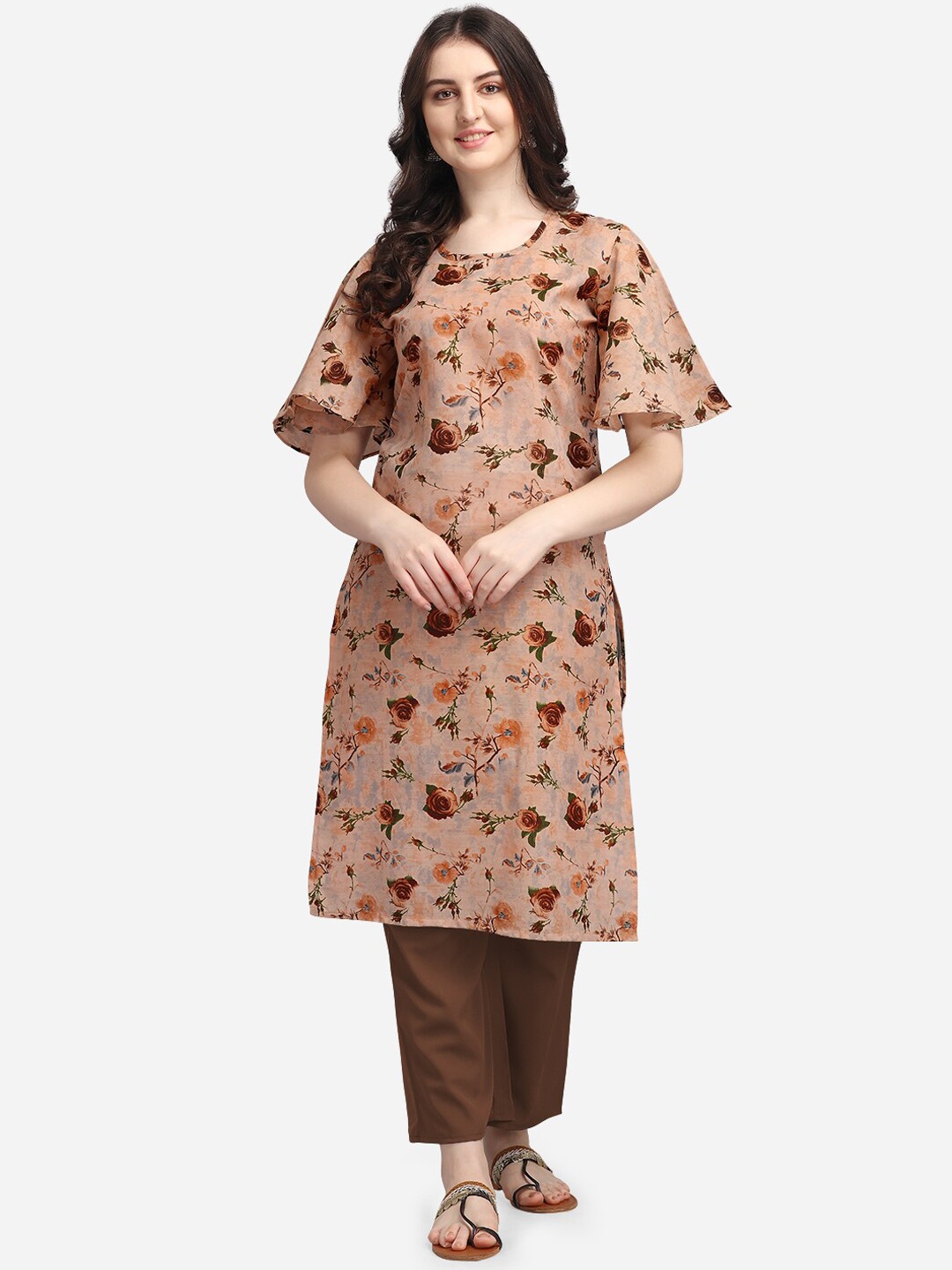 

Youthnic Women Brown Floral Printed Flared Sleeves Floral Kurta