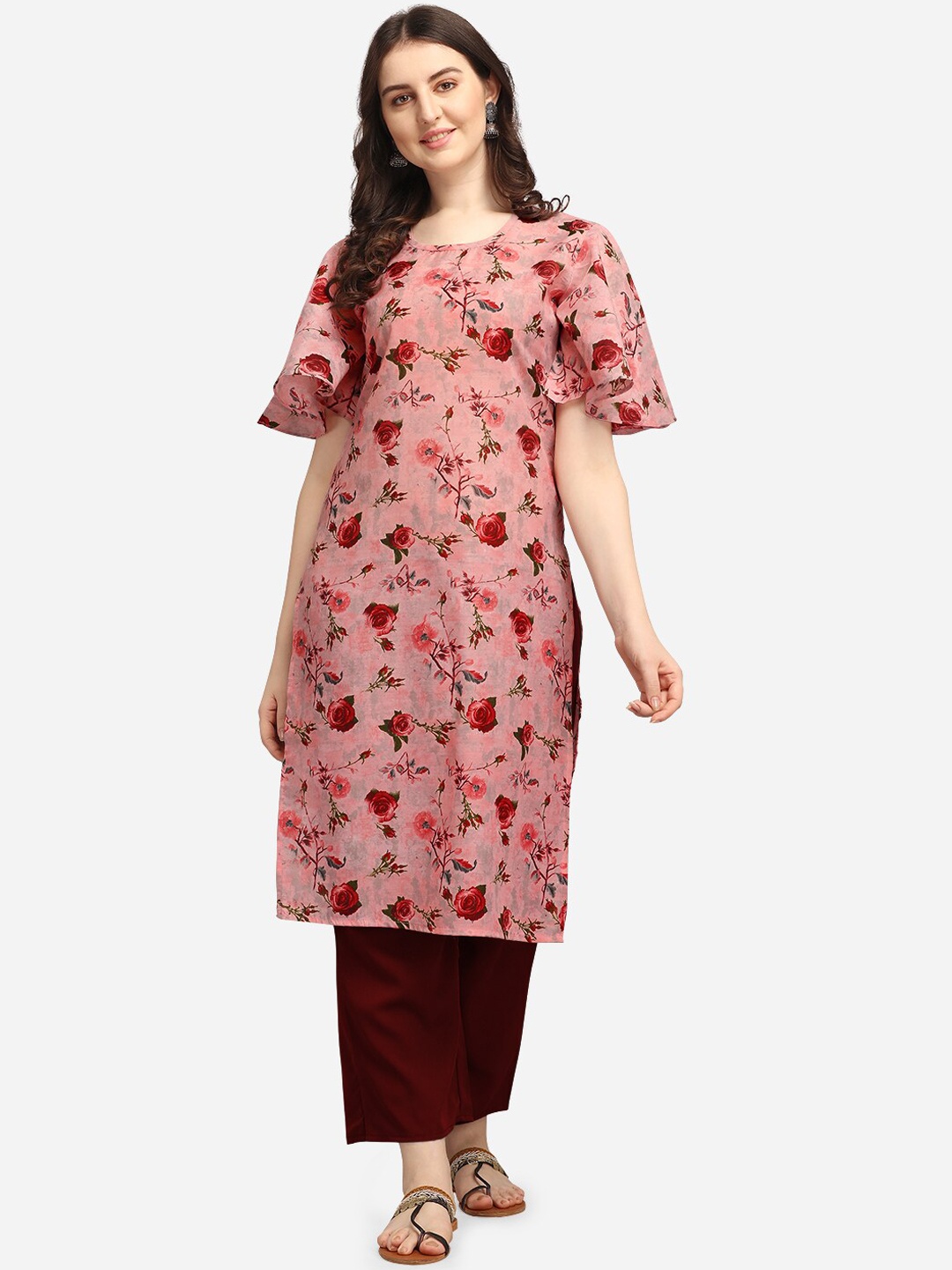 

Youthnic Women Pink Floral Printed Flared Sleeves Mirror Work Floral Kurta