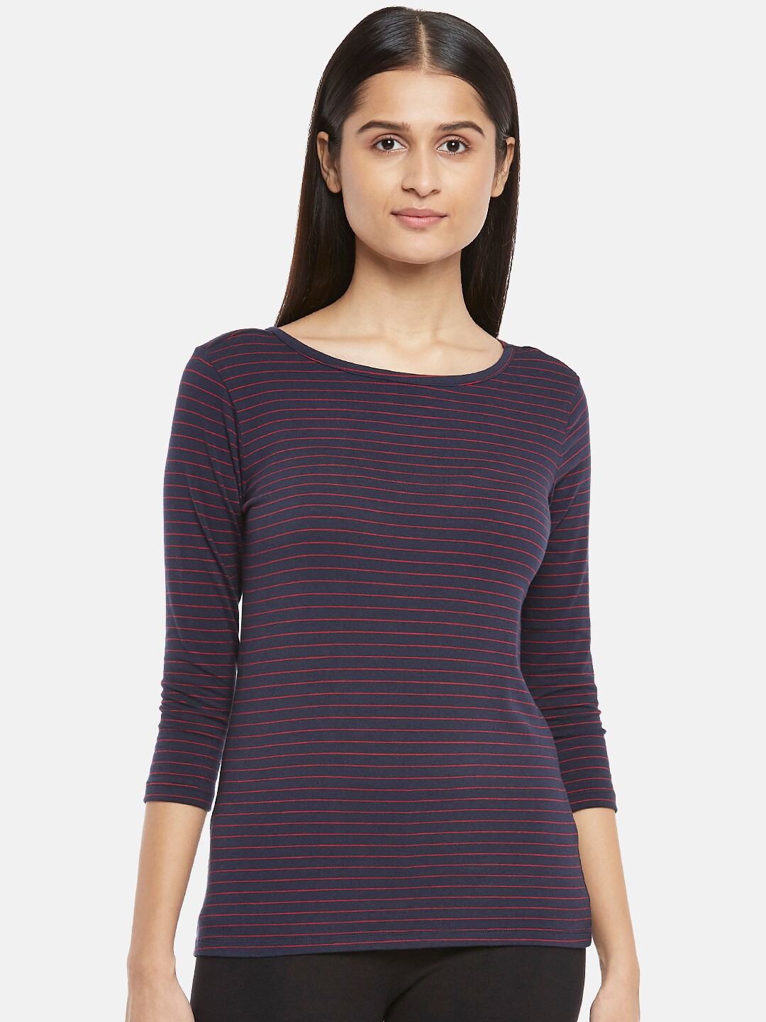 

Dreamz by Pantaloons Navy Blue & Pink Striped Cotton Regular Lounge tshirt