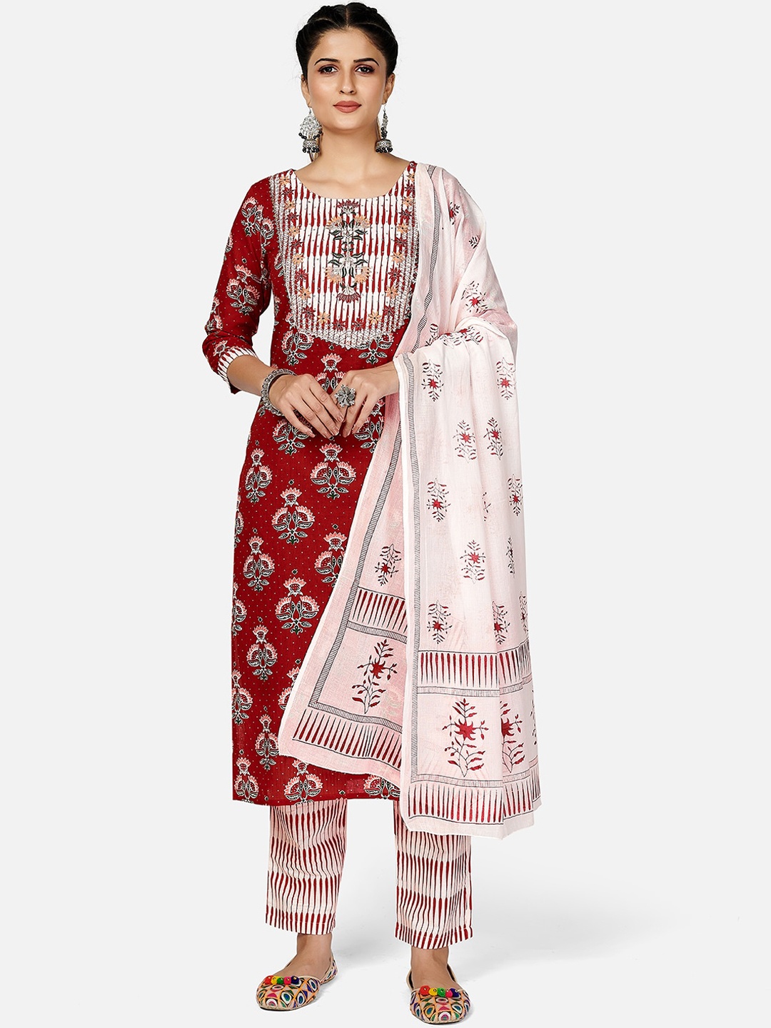 

Vbuyz Women Red Ethnic Motifs Printed Regular Thread Work Pure Cotton Kurta with Trousers & With Dupatta