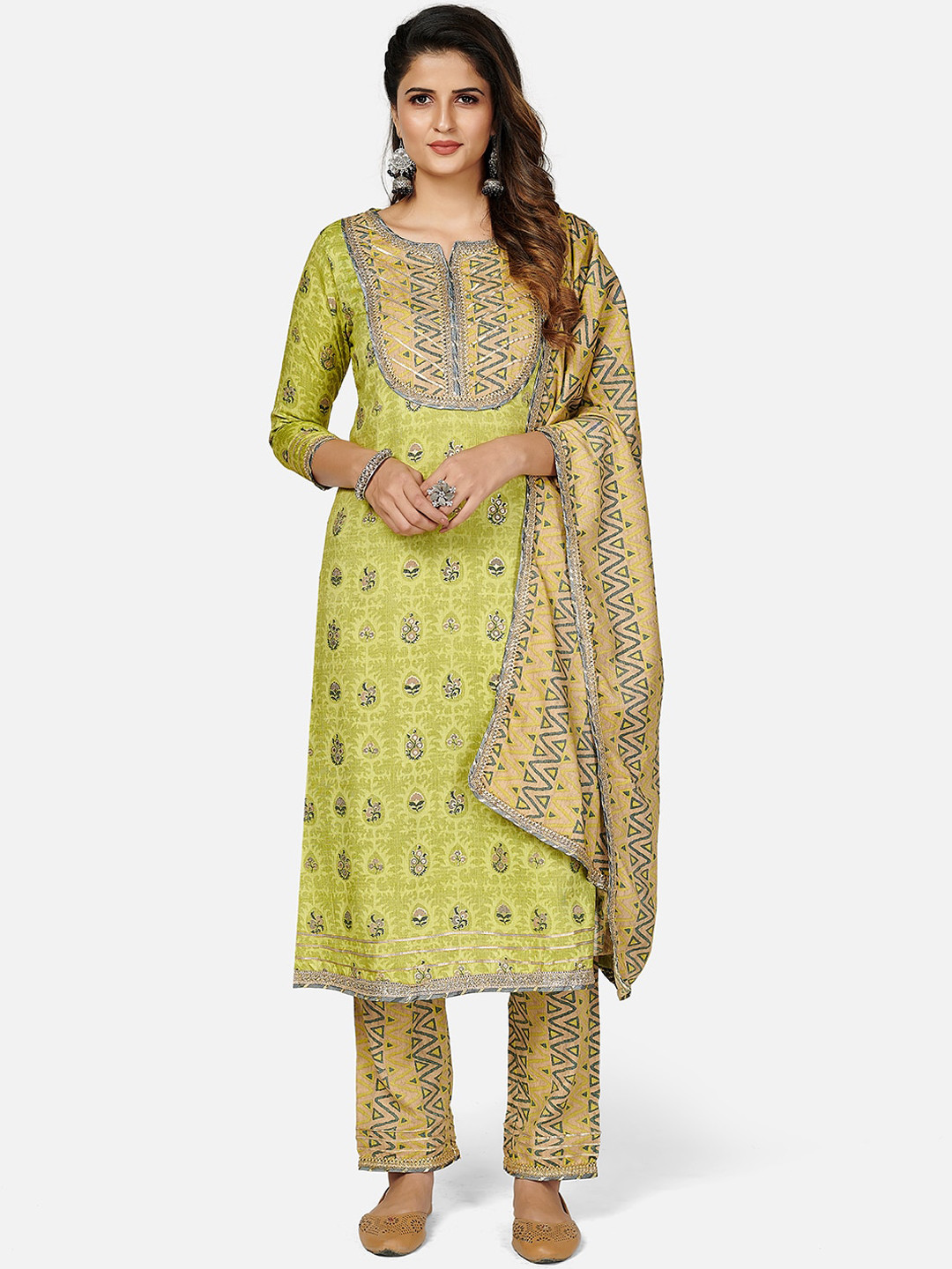 

Vbuyz Women Green & Beige Ethnic Motifs Printed Gotta Patti Kurta with Trousers & Dupatta
