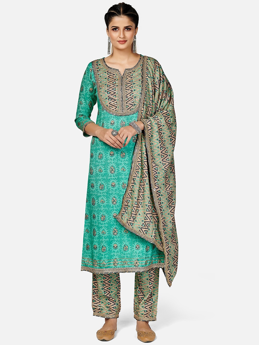 

Vbuyz Women Teal Ethnic Motifs Yoke Design Gotta Patti Kurta with Trousers & Dupatta