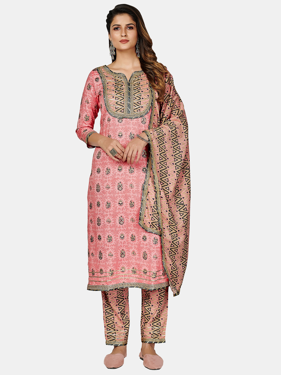 

Vbuyz Pink & Green Floral Printed Kurta With Trousers & Dupatta