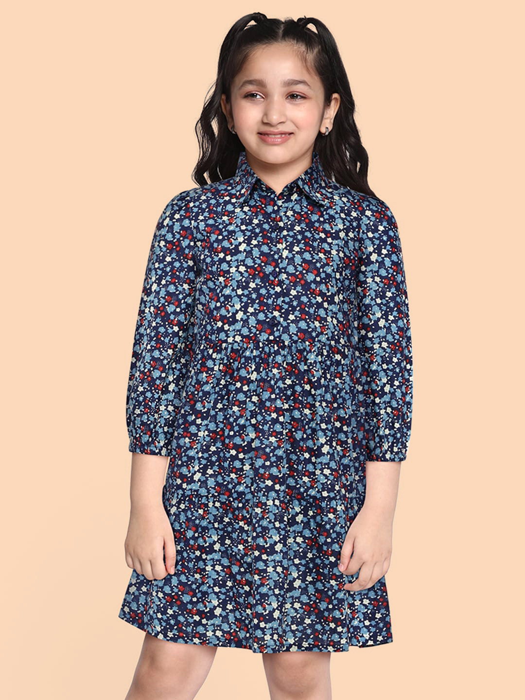 

HERE&NOW Girls Blue Printed Pure Cotton Fit & Flare Dresses