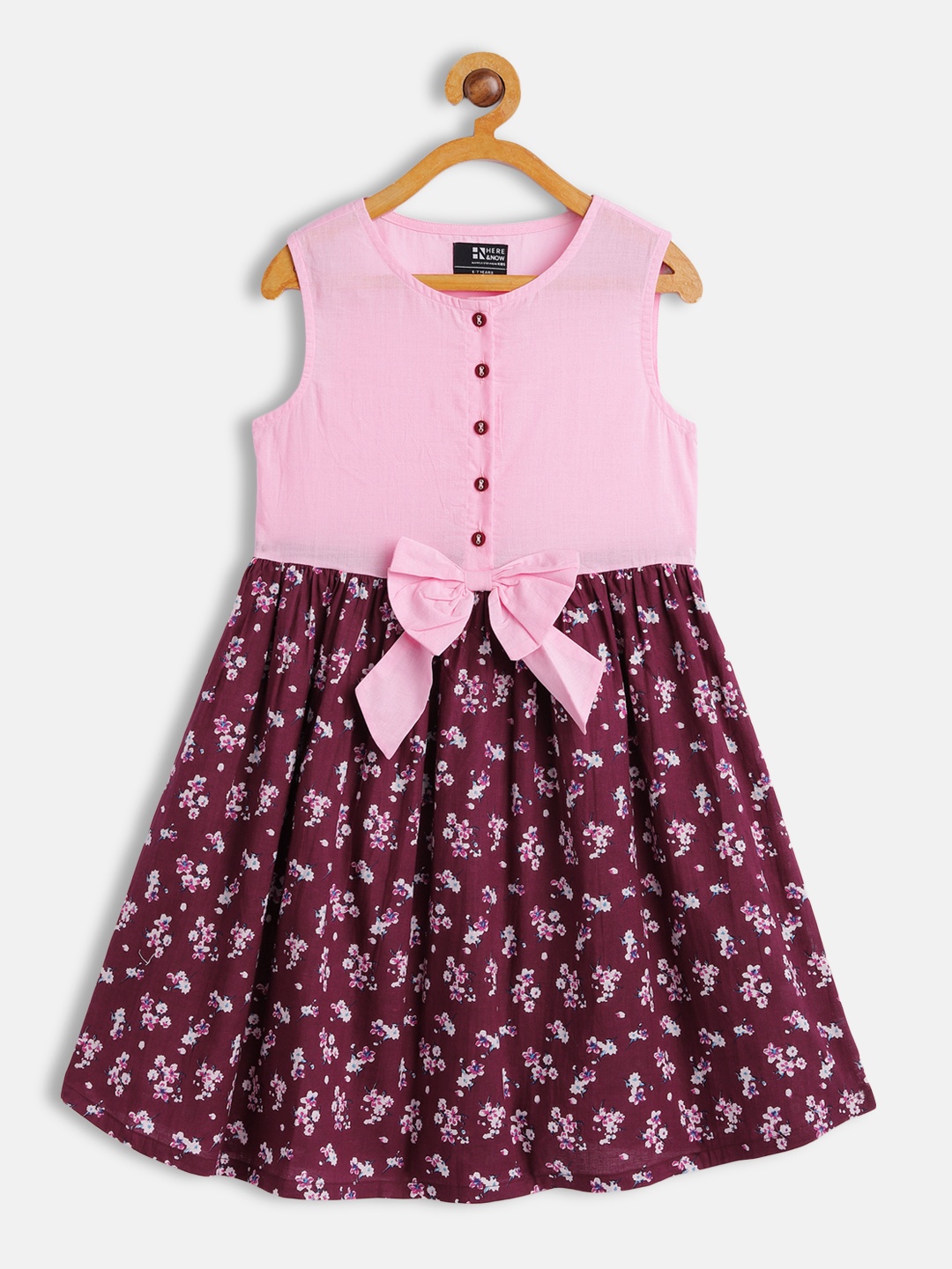 

HERE&NOW Maroon & Pink Floral Printed Pure Cotton Dress