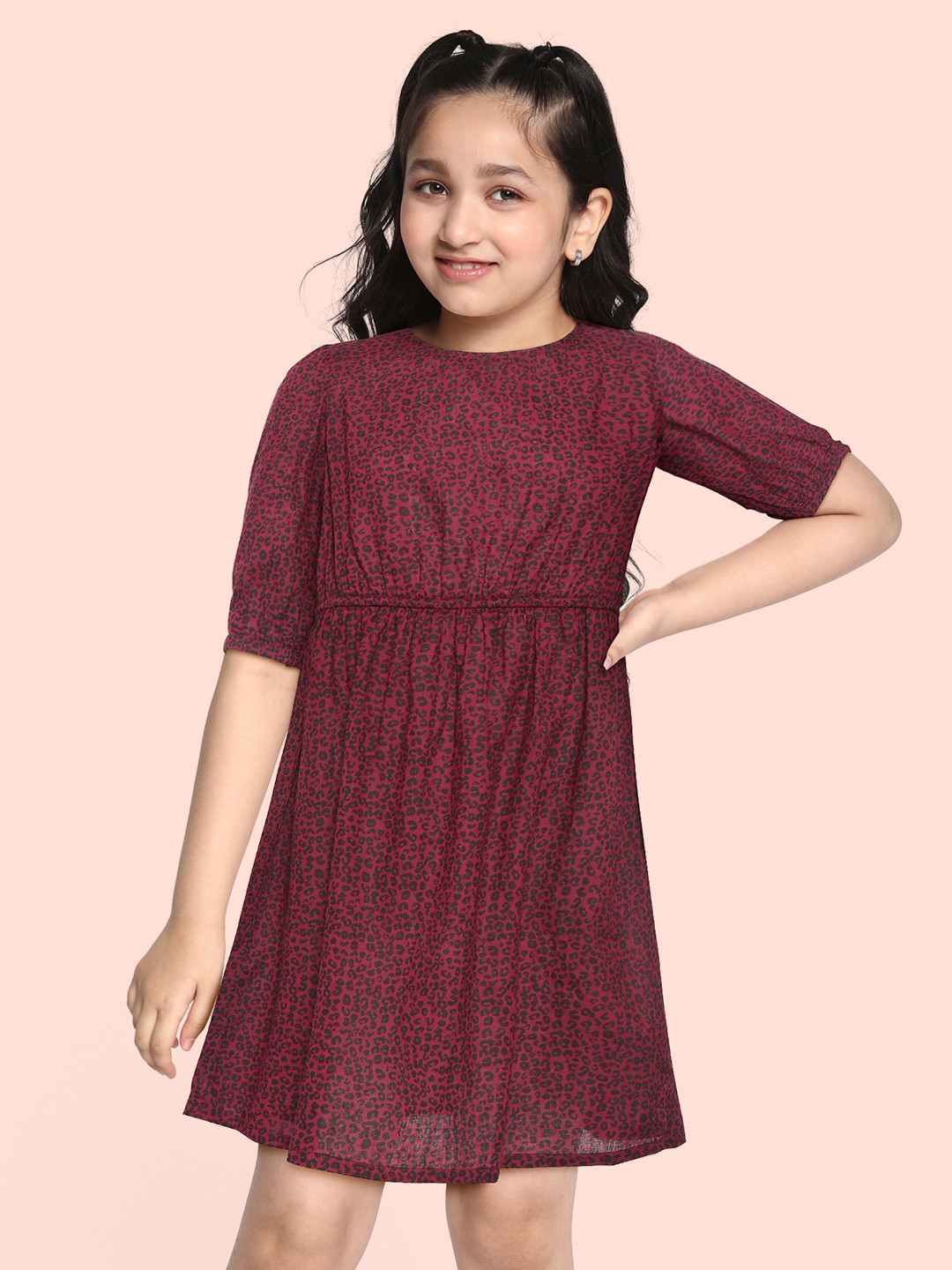 

HERE&NOW Girls Maroon & Black Cotton Abstract Print A-Line Dress