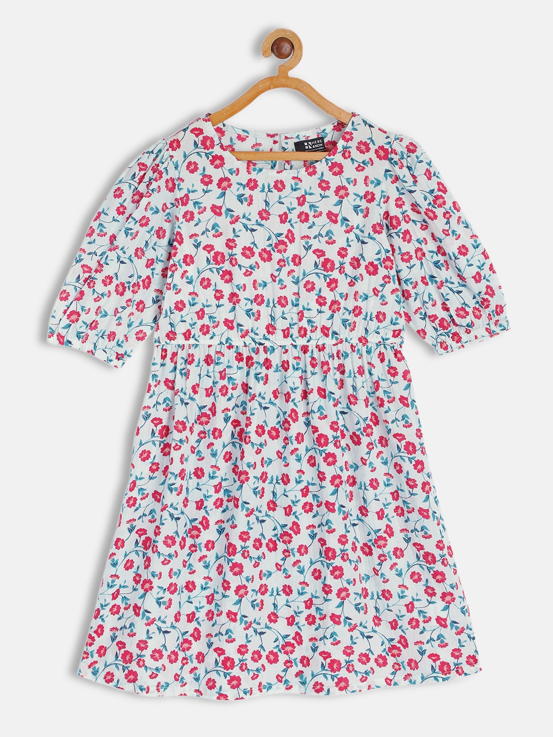 

HERE&NOW White & Red Printed Pure Cotton Fit & Flare Dresses