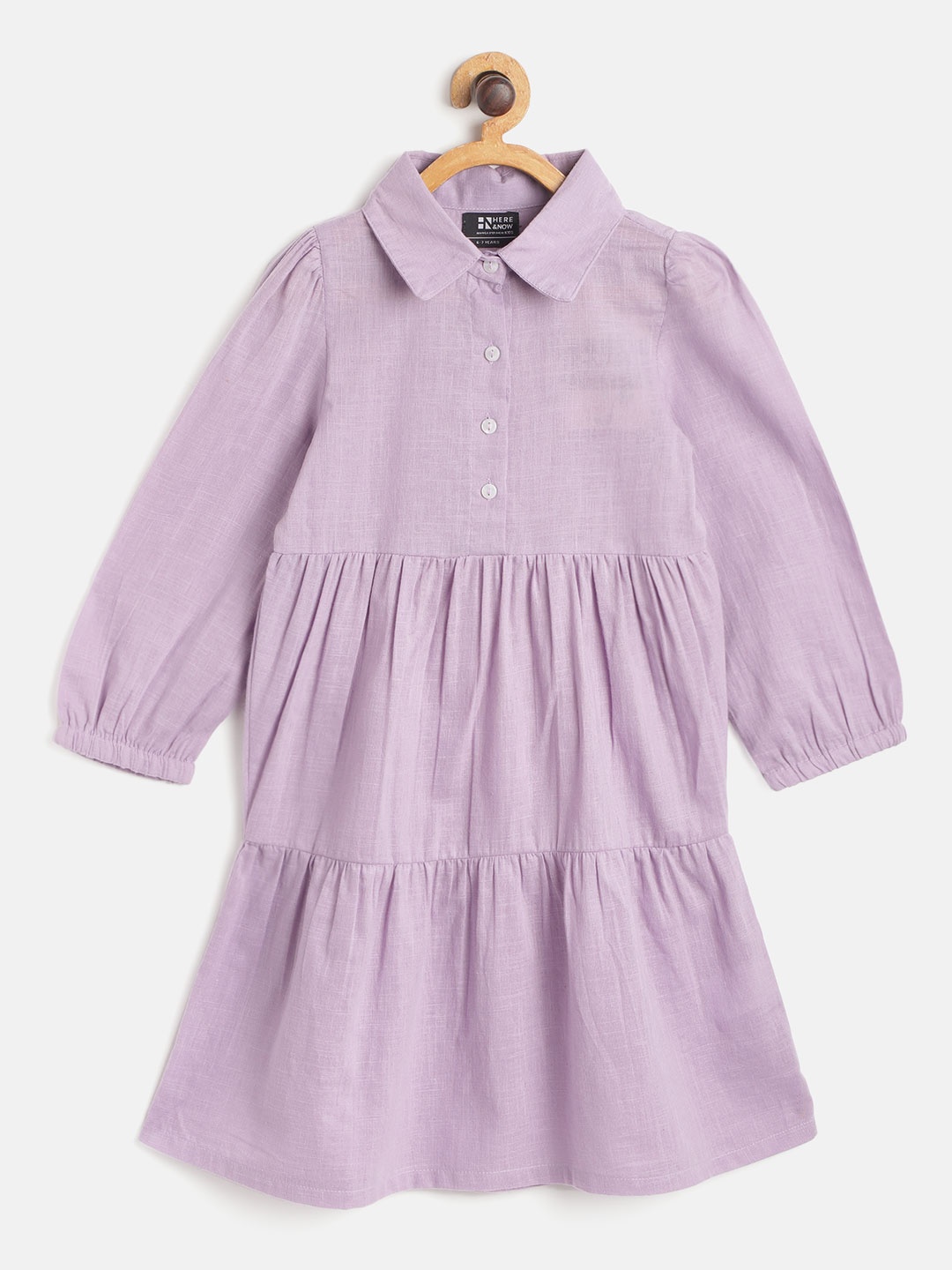 

HERE&NOW Girls Lavender Solid Cotton Tiered Fit & Flare Dress
