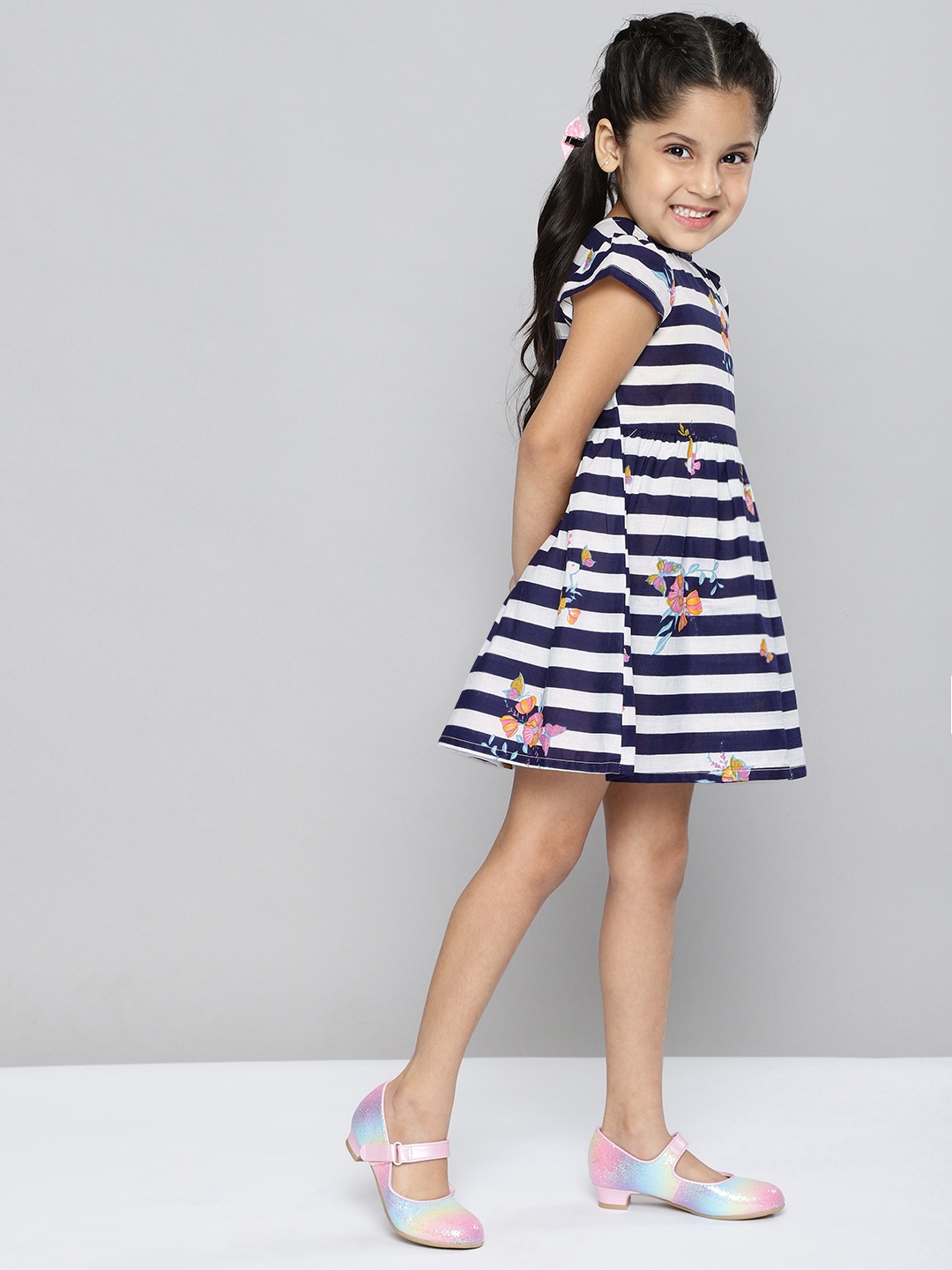 

HERE&NOW Girls Navy Blue & White Cotton Striped Fit & Flare Dress