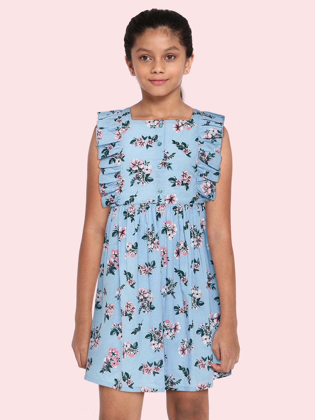 

HERE&NOW Girls Blue Floral Pure Cotton Fit and Flare Dress