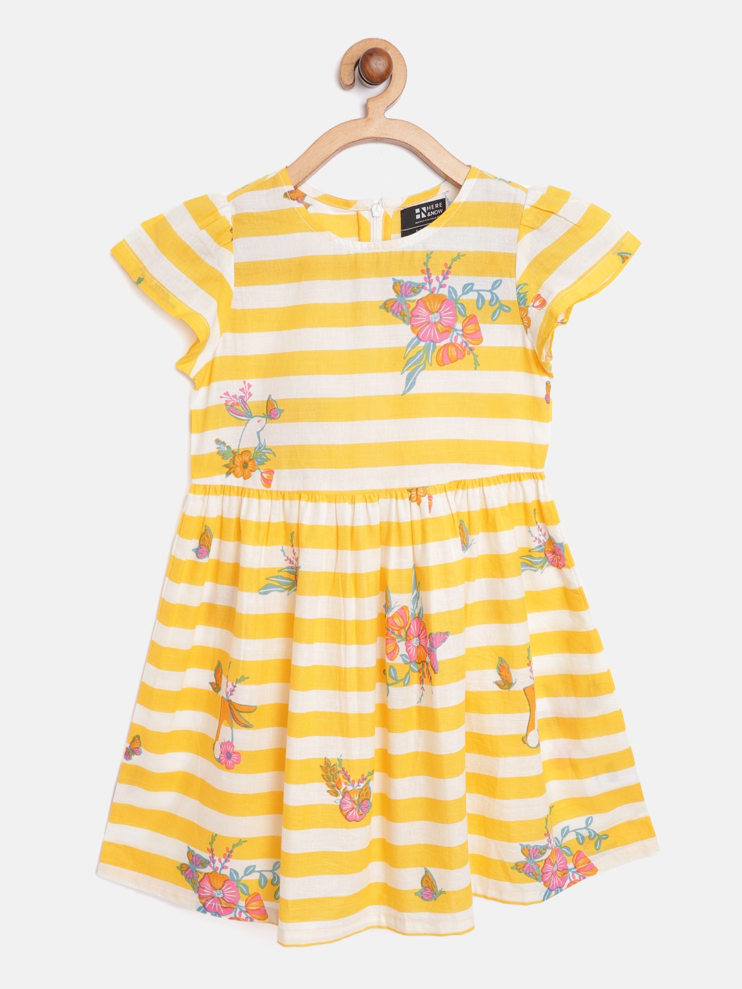 

HERE&NOW Girls Yellow & White Cotton Striped Fit & Flare Dress