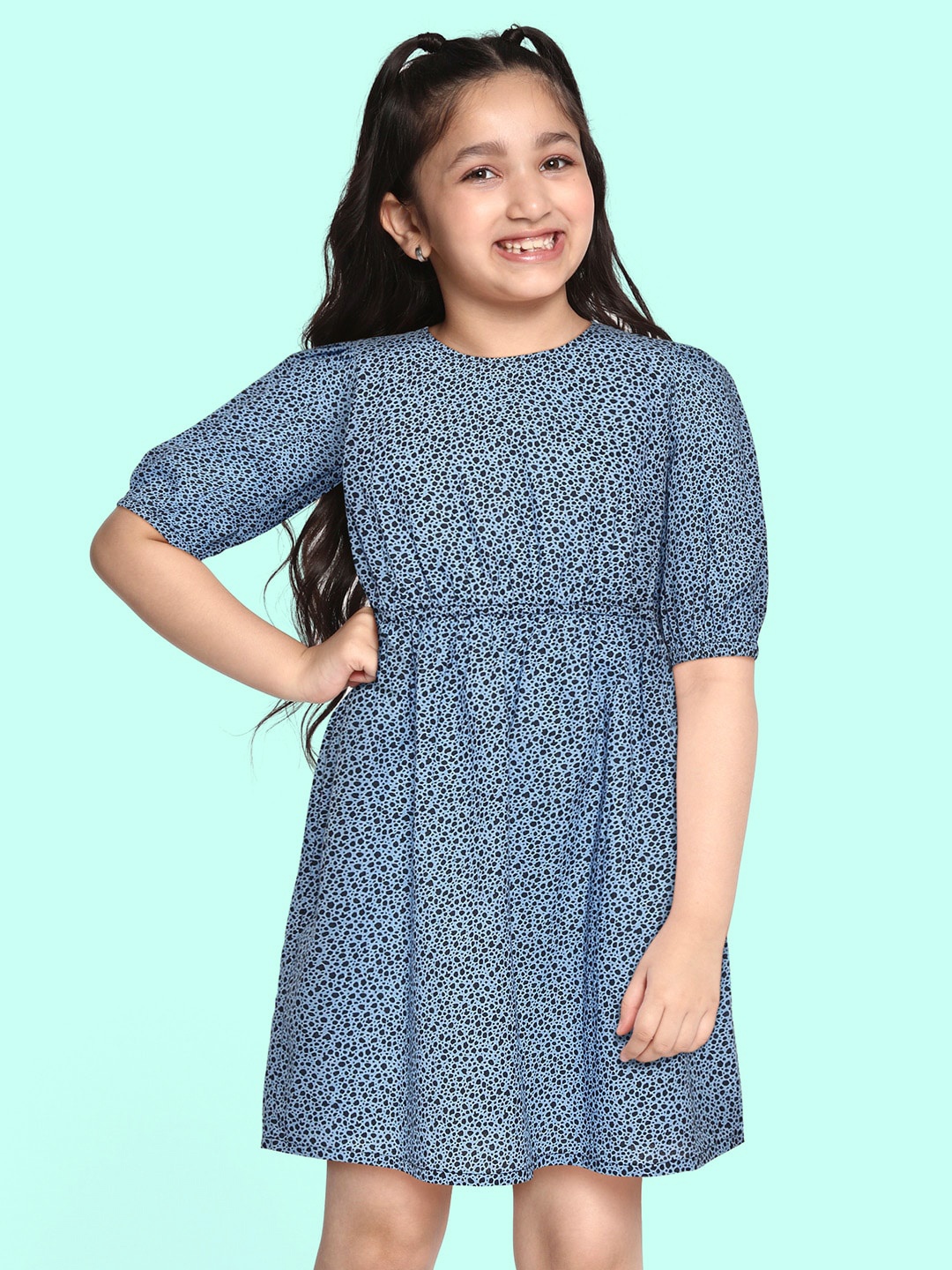 

HERE&NOW Girls Blue & Black Cotton Abstract Print A-Line Dress