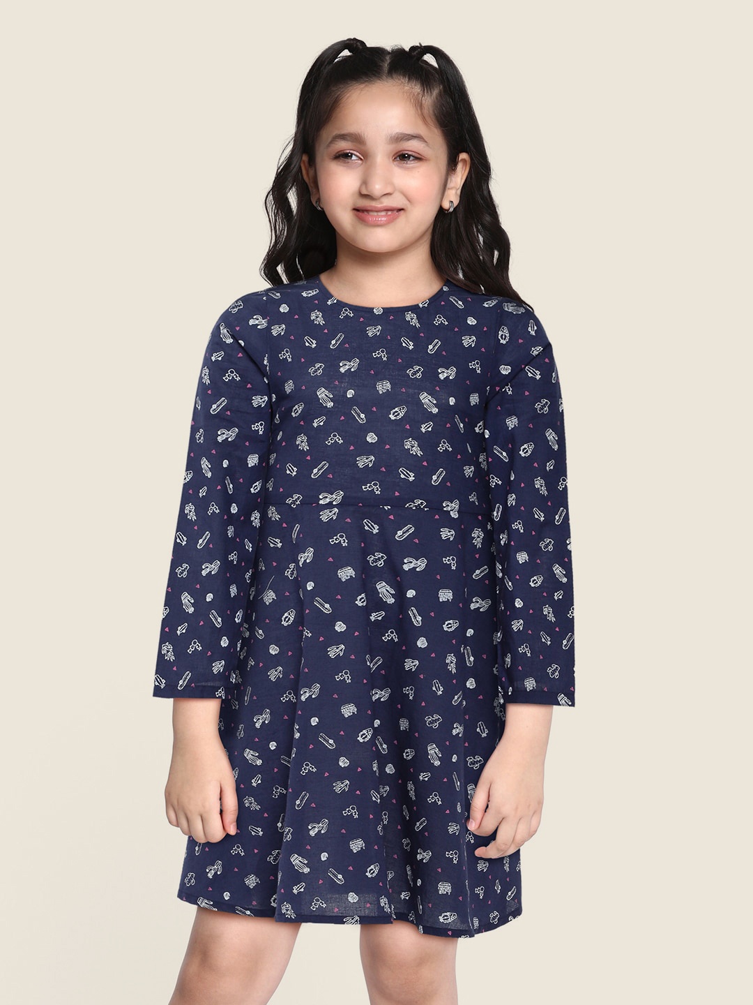 

HERE&NOW Girls Navy Blue Pure Cotton Fit and Flare Dress