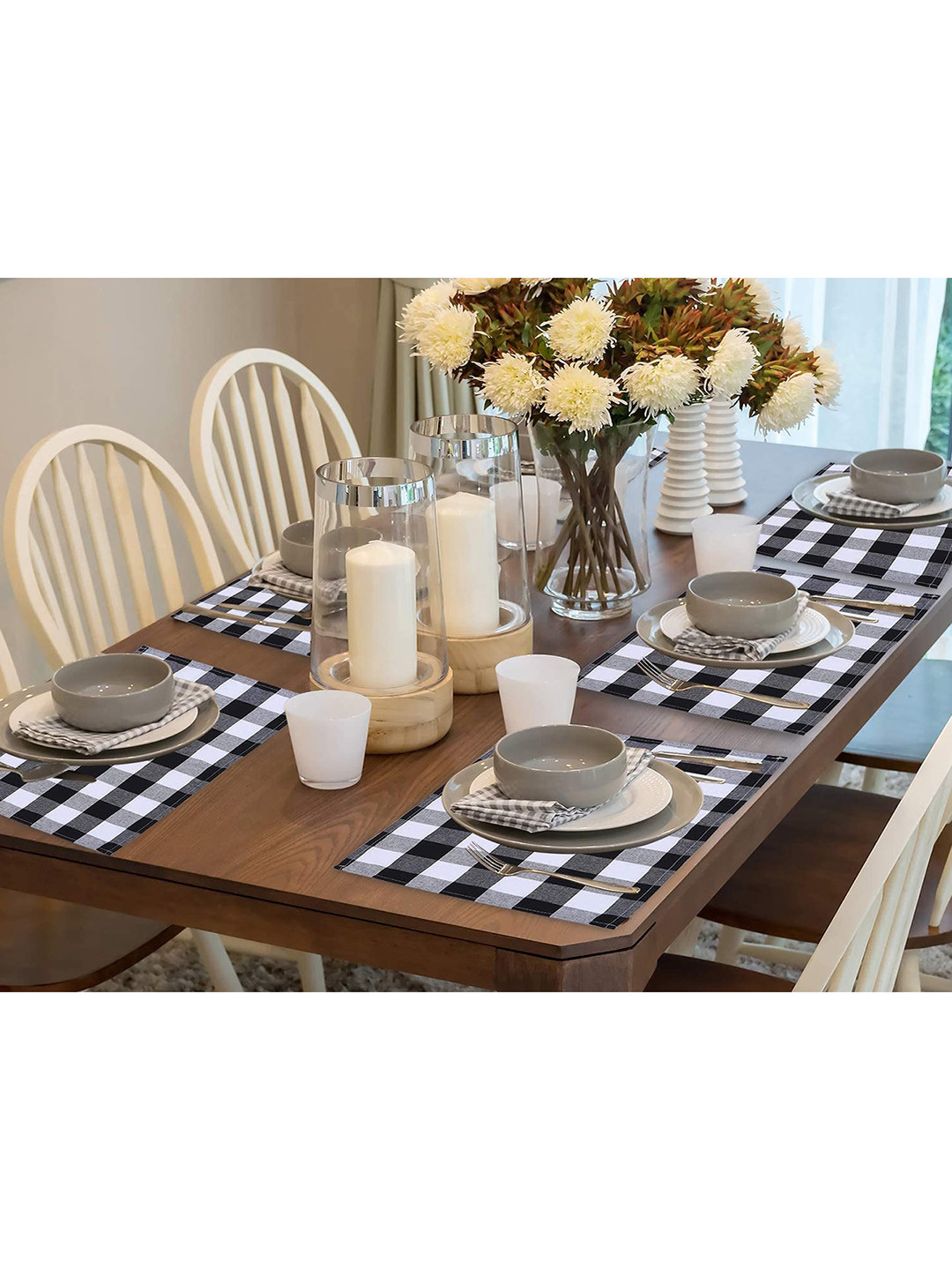 

Lushomes Pack of 6 Black & White Cotton Buffalo Checks Plaid Dinning Table Place Mats
