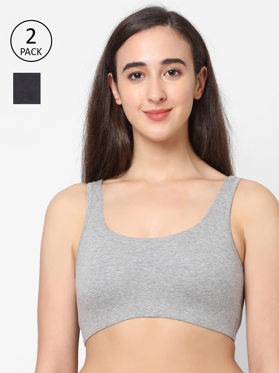 

SOIE Pack of 2 Black & Grey Solid Non-Padded Non-Wired Full Coverage Lounge Bra