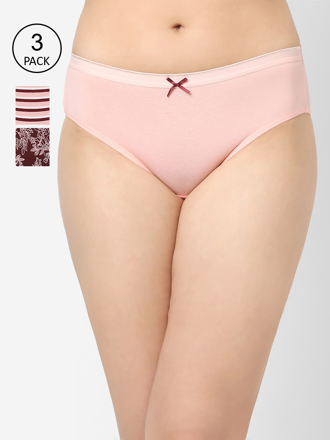 

Soie (Pack of 3) High Rise Full Coverage Solid and Printed Cotton Stretch Hipster Briefs, Pink