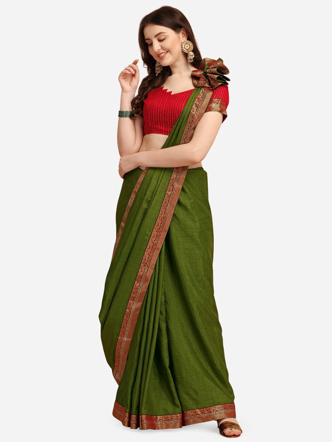 

KALINI Green Red Gold-Toned Embellished Lace Work Solid Silk Blend Fusion Saree