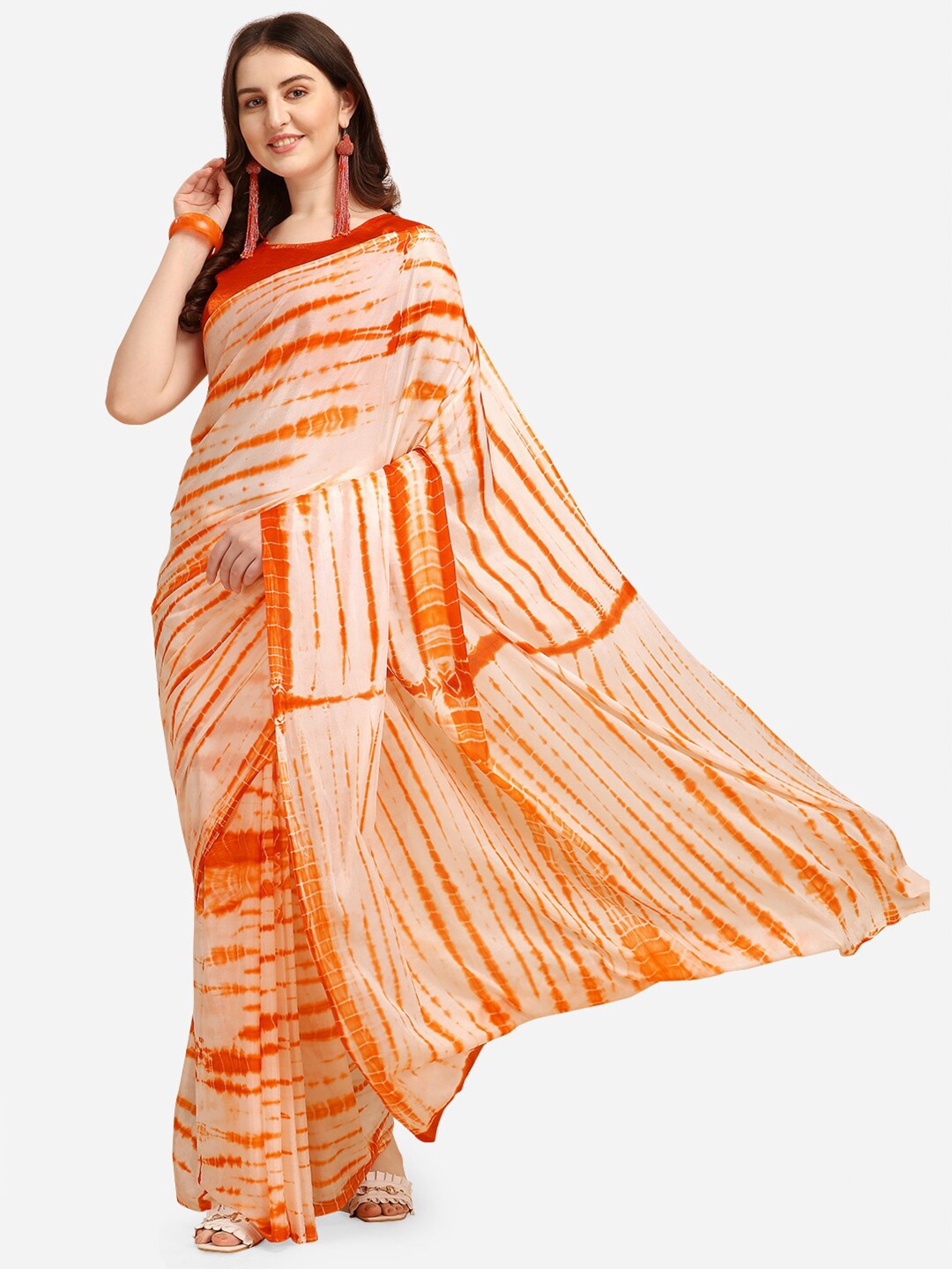 

KALINI Orange & Cream-Coloured Tie and Dye Saree