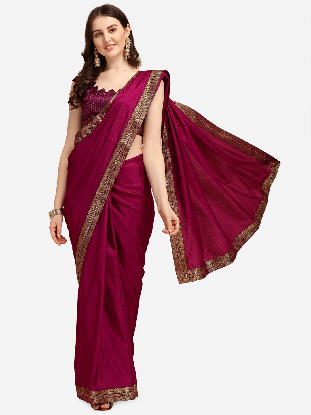 

KALINI Magenta Gold-Toned Embellished Lace Work Solid Silk Blend Fusion Saree