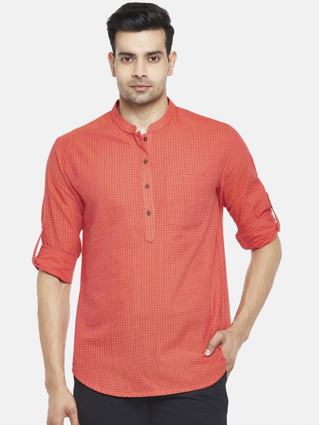 

indus route by Pantaloons Men Red Thread Work Dobby Kurta