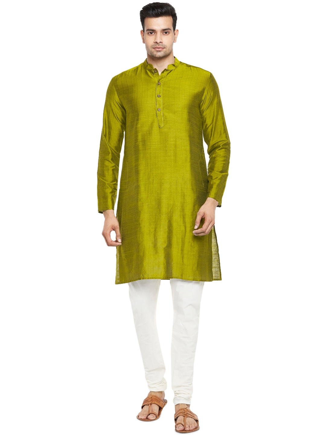 

indus route by Pantaloons Men Olive Green Striped Thread Work Kurta