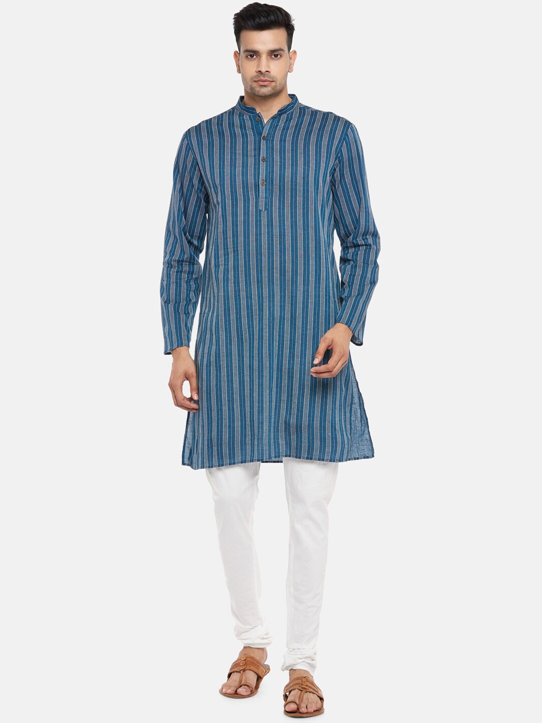 

indus route by Pantaloons Men Teal Striped Thread Work Dobby Kurta