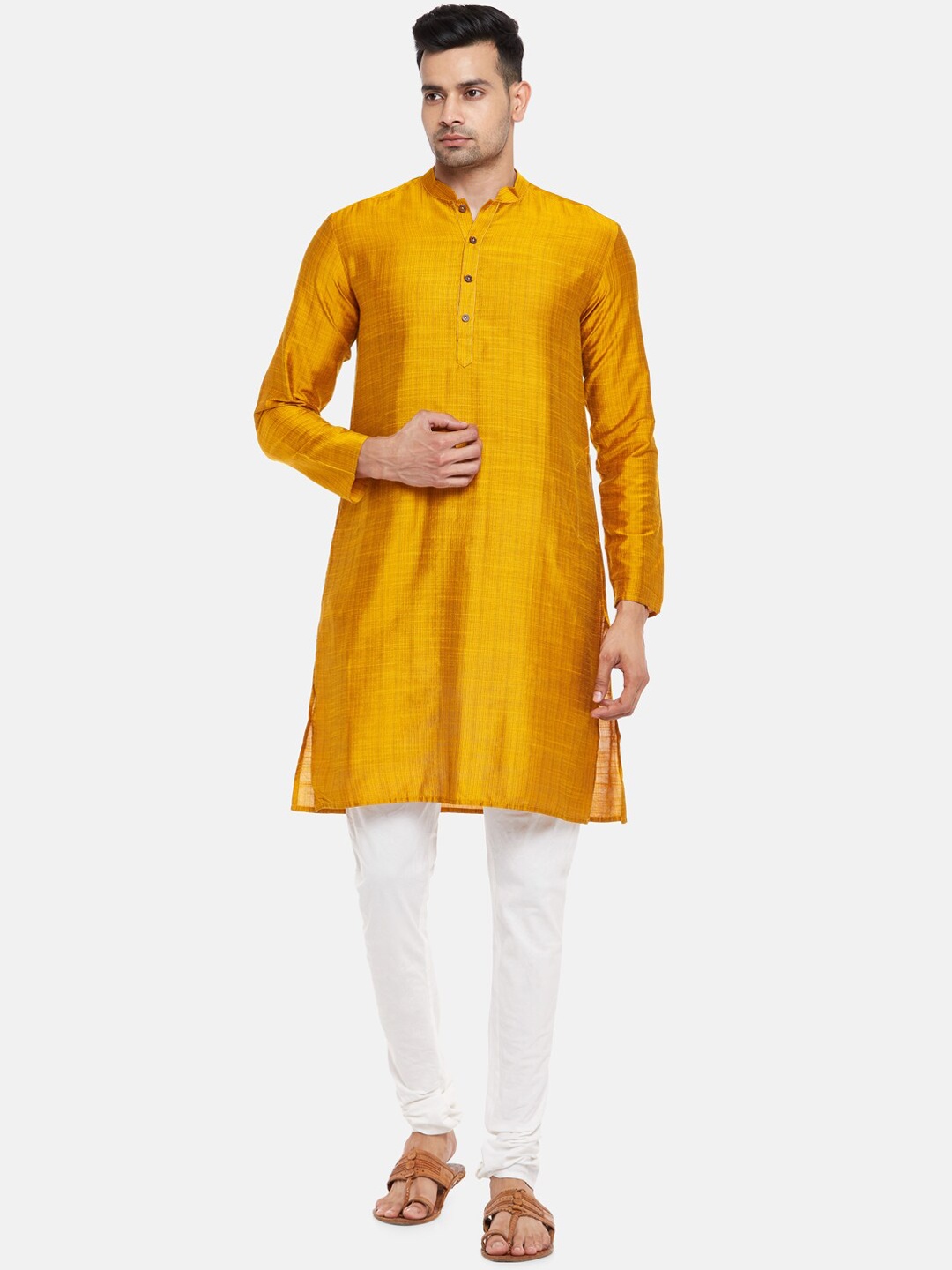 

indus route by Pantaloons Men Mustard Yellow Thread Work Kurta