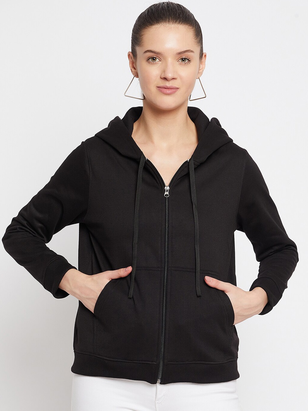 

FRENCH FLEXIOUS Women Black Hooded Front-Open Sweatshirt