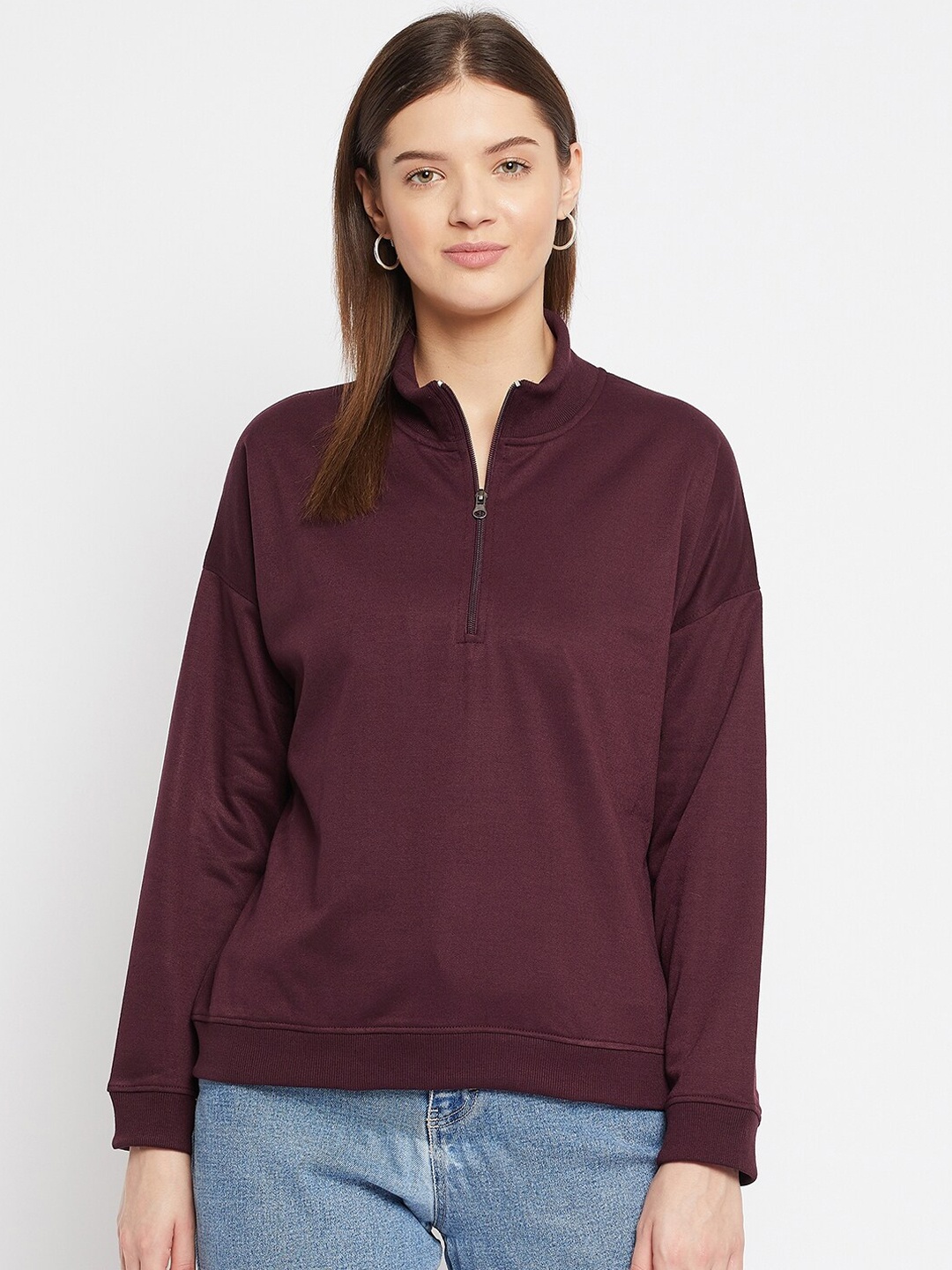 

FRENCH FLEXIOUS Women Burgundy Fleece Pullover Sweatshirt