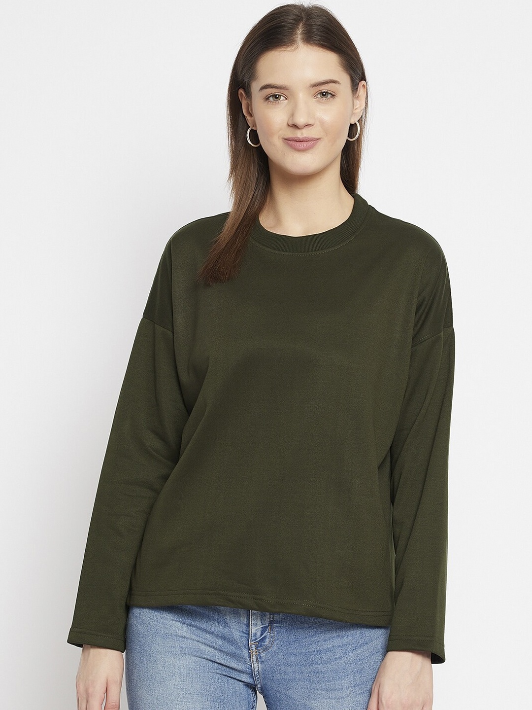 

FRENCH FLEXIOUS Women Olive Green Solid Sweatshirt