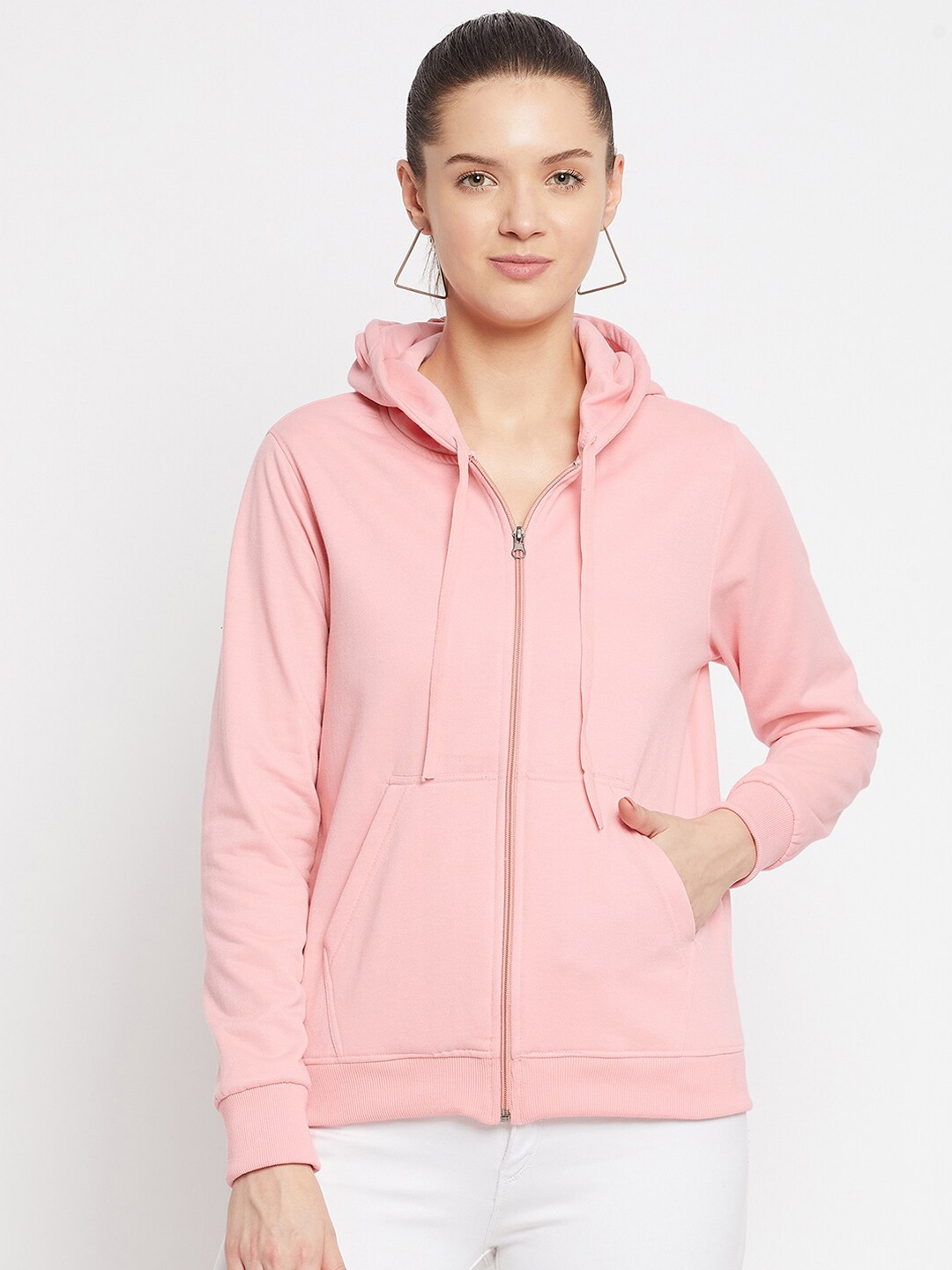 

FRENCH FLEXIOUS Women Pink Hooded Front-Open Sweatshirt