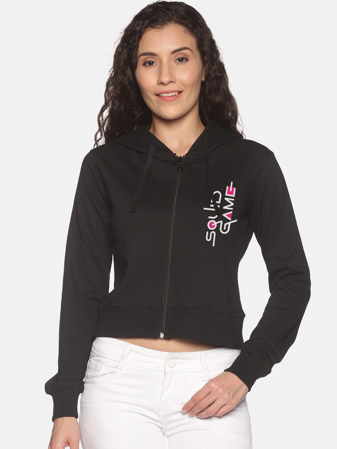 

BEVERLY BLUES Women Black Printed Hooded Sweatshirt