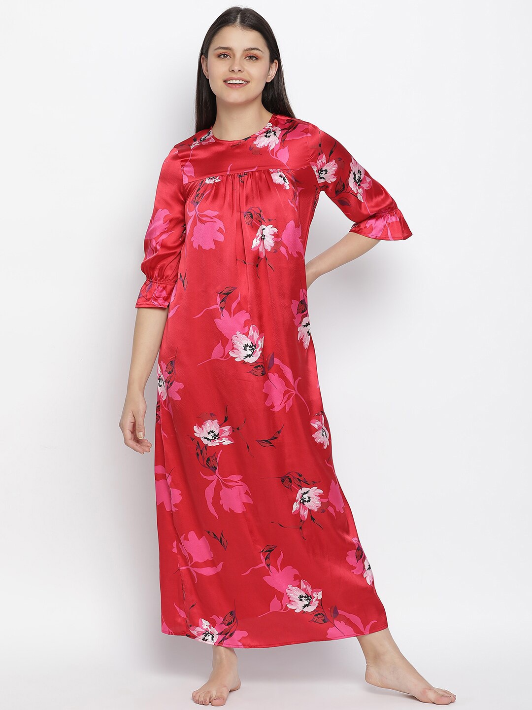 

Oxolloxo Women Pink Floral Printed Maxi Nightdress