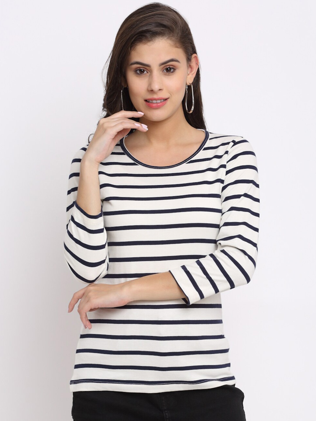 

Rute Women White & Navy Blue Striped T-shirt