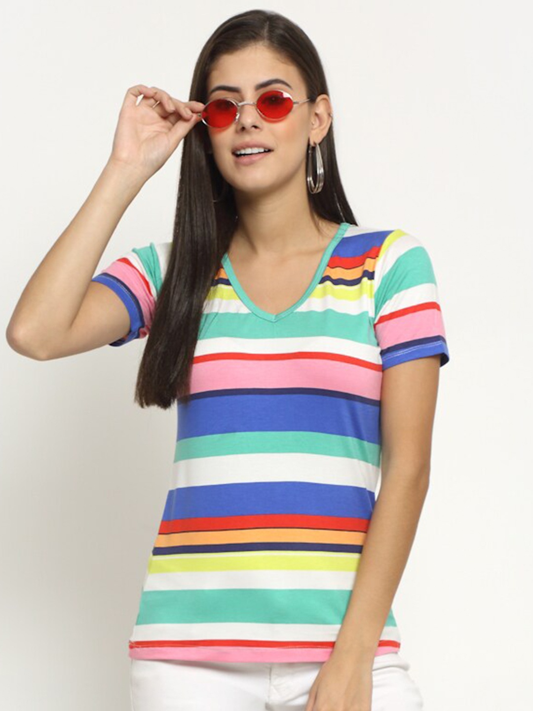 

Rute Women Multicoloured Striped Pure Cotton T-shirt, Multi