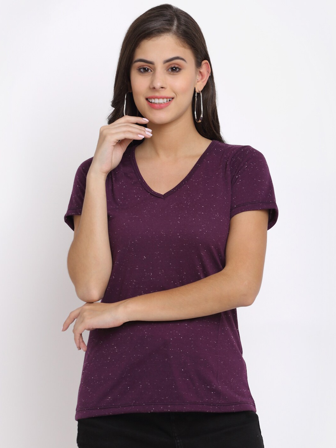 

Rute Women Purple V-Neck Extended Sleeves Pockets T-shirt