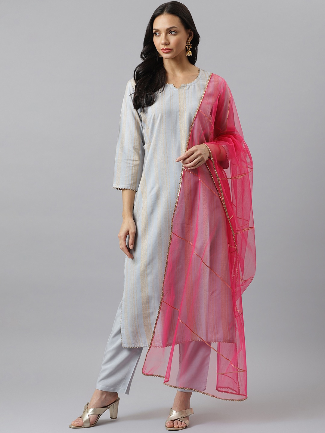 

Stylum Women Grey Striped Regular Kurti with Trousers & Dupatta