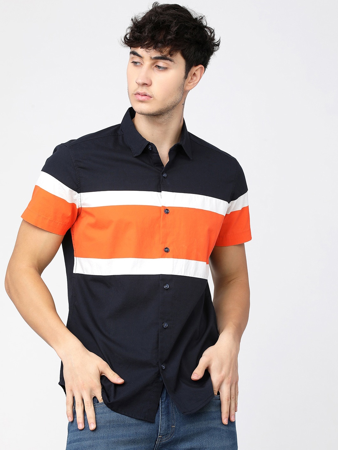 

HIGHLANDER Men Navy Blue Slim Fit Opaque Colourblocked Casual Shirt