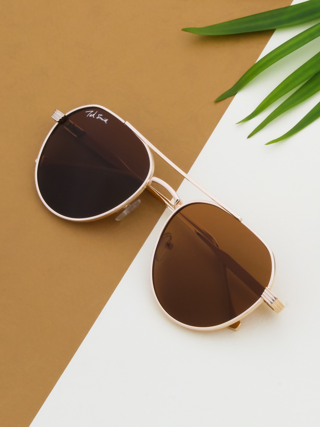 

Ted Smith Unisex Brown Lens & Gold-Toned Aviator Sunglasses with UV Protected Lens BAMB_C2